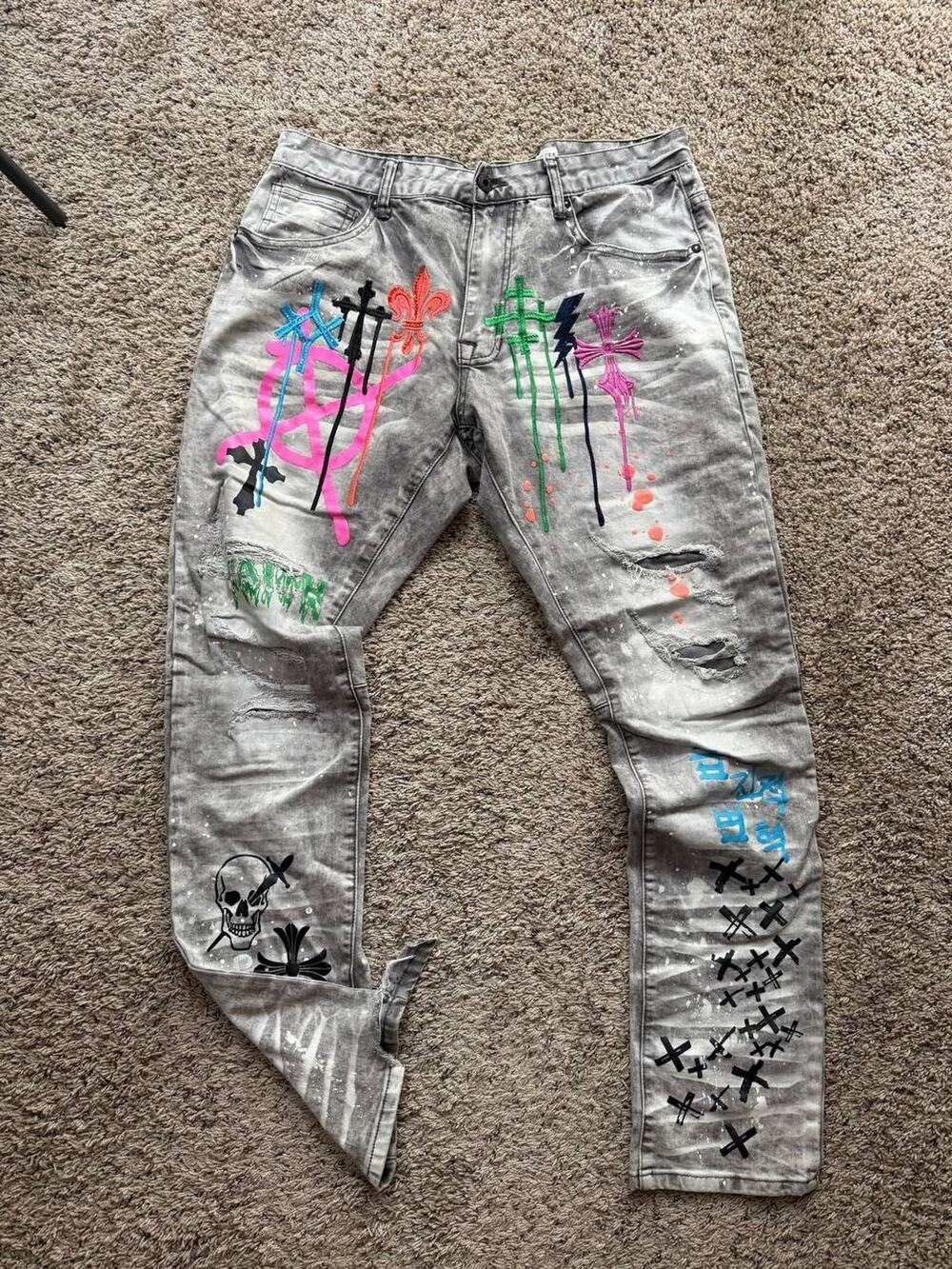 Smoke Rise Jeans Mens 36x34 Graffiti Paint Splatter Distressed Stretch Denim